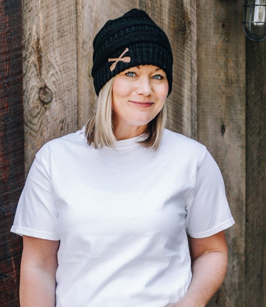 Knit Beanie in Black with Leather Paddles